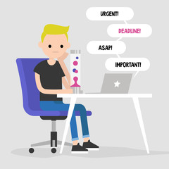 Procrastination concept. Young character staring at the lava lamp instead of working / flat editable vector illustration, clip art