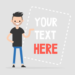 Your text here. Copy space. Young character pointing on a framed sign / flat editable vector illustration, clip art
