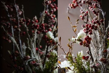 branch with red berries, flowers covered in morning frost