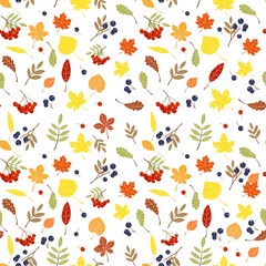 Seamless autumn background with leaves in orange, beige, brown and yellow. Ideal for Wallpaper, fabric, gift paper, pattern fills, background of web pages, autumn greeting cards.