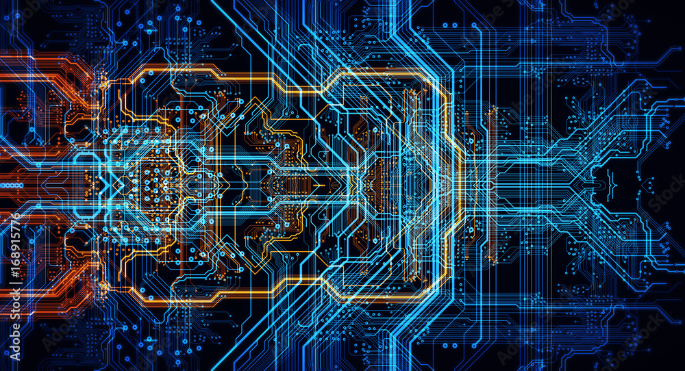 Poster Technology background/Abstract technology background made of different element printed circuit board.  Printed circuit board in the server executes the data. 