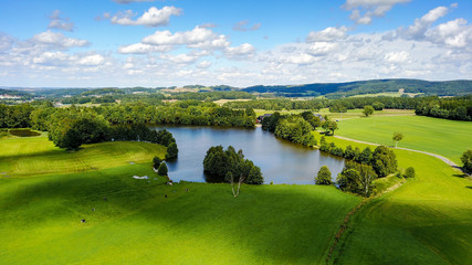 aerial view of a small lake - cloudy sky