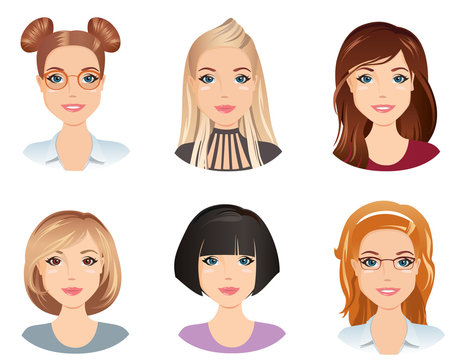 Different hairstyles, female, for the girl, young adult, woman, set 5, / flat design, vector illustration