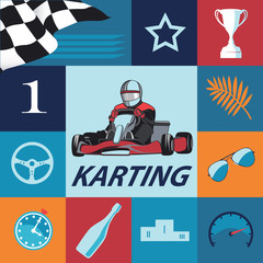 Karting Infographic set. Flat design, colored sports set with Kart, icons, racer and others vector elements