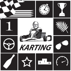 Karting Infographic in black and white, Kart, icons, racer. Flat design, vector