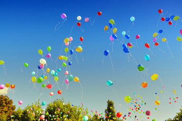 Air multicolored balloons flying to bright blue sky