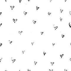Abstract heart seamless pattern. Ink illustration with free hand brush strokes. Black and white.