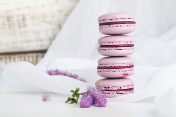 Purple macarons with BlackBerry. French delicate dessert for Breakfast