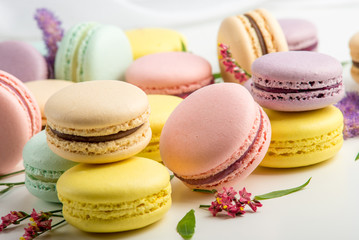 Colorful macarons with leaves and red flowers on a white background. French delicate dessert