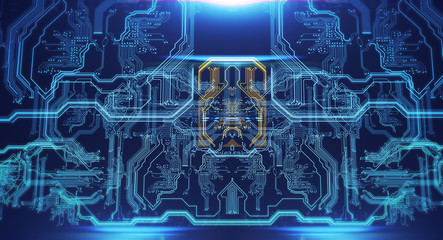 Printed circuit board in the server  executes the data/Abstract technological background made of different element printed circuit board and flares. Depth of field effect and bokeh.