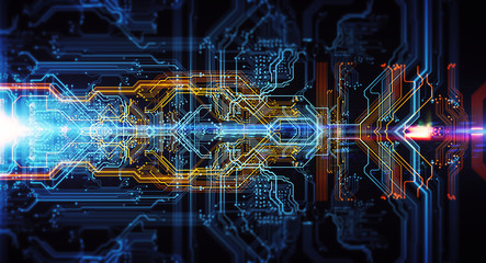 Printed circuit board in the server  executes the data/Abstract technological background made of different element printed circuit board and flares. Depth of field effect and bokeh.