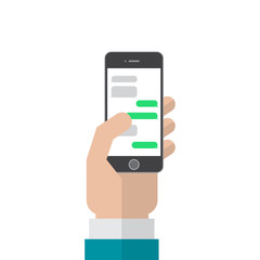 Man holding a smartphone on which the app messenger, vector illustration in flat style