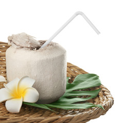 Composition with fresh coconut water in nut on white background © Africa Studio