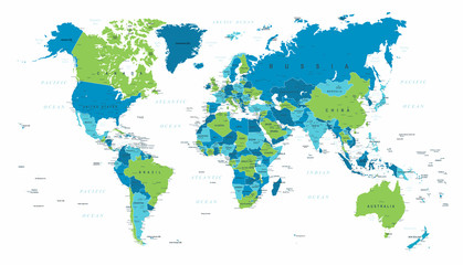 Fototapeta na wymiar World Map Political Blue Green Vector