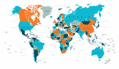 Fototapeta na wymiar World Map Political Blue Orange Vector