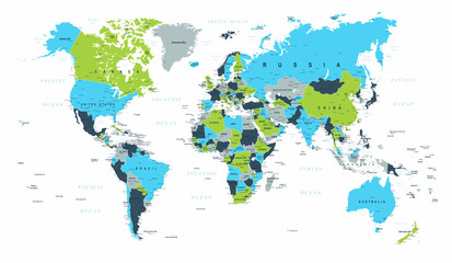 Fototapeta na wymiar World Map Political Blue Green Brown Vector