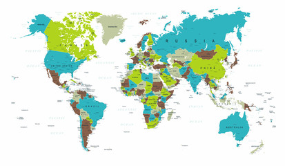 Fototapeta na wymiar World Map Political Blue Green Gray Vector