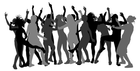 Obraz na płótnie Canvas Party dancer people vector silhouette illustration. Nightlife party concept with crew dancing. Disco club event. Girl night. Bachelorette party. Lesbian event.