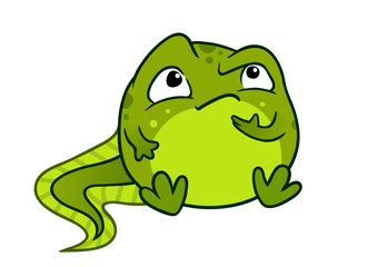 Vector cartoon illustration of cute green baby tadpole frog character, sitting and thinking with hand on chin, isolated on white background.