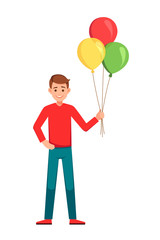 Boy WIth Balloons. Happy birthday boy.Boy holding colorful balloons.vector illustration isolated over a white background.Smiling young boy with bunch of colorful balloons in his hand