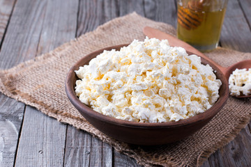 Fresh cottage cheese in a bowl on a wooden table