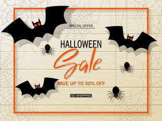Halloween sale vector web banner with bats on wooden background. Special seasonal offer.Vector illustration.
