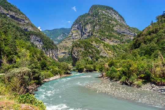 Mountain River in Ritsa Relict National Park. Abkhazia.