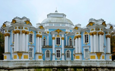 Blue classical architecture of baroque. Russian Hermitage pavilion at Catherine Palace, St. Petersburg.