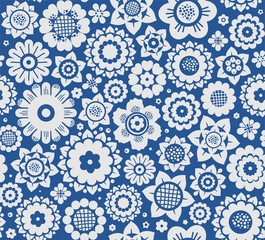 Flowers, background, seamless, gray-blue, vector. Grey decorative flowers on a dark blue background. Floral seamless background. 