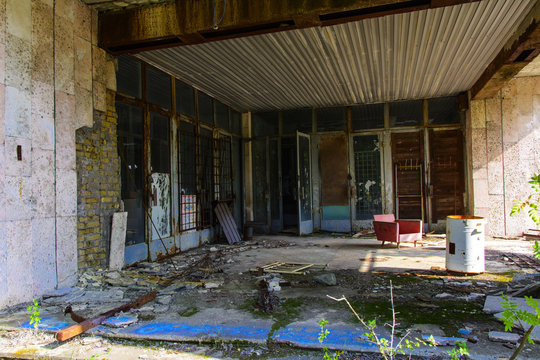 Old abandoned high-rise buildings in a dead radioactive zone. Looting and vandalism. Consequences of the Chernobyl nuclear disaster, August 2017.