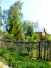 Fototapeta premium A cozy wooden house hid in thickets of hops