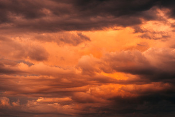 Clouds against the orange sky. Sky at sunset