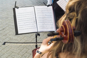 Girl playing cello in restaurant's yard © Alexander