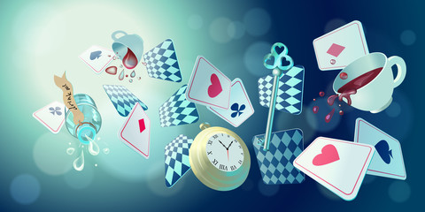 Alice in Wonderland. Playing cards, pocket watch, key, cup and poison falling down the rabbit hole. Vector background, horizontal banner