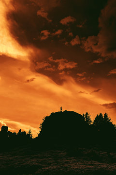 Slhouette of Hiker Atop Large Rock at Sunset | Mt. Ashland, Oregon
