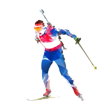 Biathlon racing, abstract geometric skier silhouette
