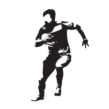Rugby player running with ball, abstract vector silhouette, front view