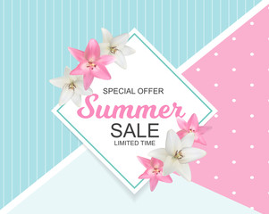 Summer Sale Banner with Lily Flowers. Cute Natural Background Vector Illustration