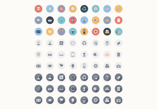 72 Round Color and Grayscale Icons 3