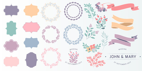 Wedding vintage elements big collection. Romantic hand drawn vector floral set with frames, flowers, leaves and ribbons. Save the Date and Invitation.