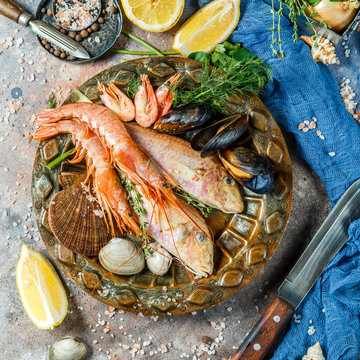 Seafood at table with lemon