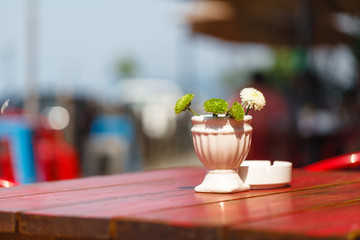 flowers in vase on the street cafe