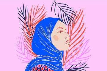 Woman wearing a headscarf on a pink and floral background