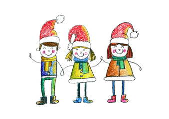 Cute school or kindergarten children wearing Christmas hats Kids drawing style illustration Christmas and New year celebration party illustration Crayon, pastel, chalk image