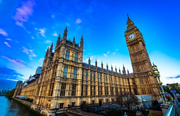 Fototapeta na wymiar Panoramic view of Big Ben and Westminster parliament in London, United Kingdom at sunrise 