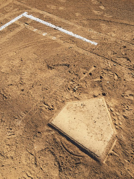 Detail of home plate on baseball field