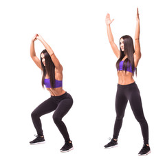 Sport beauty woman do sits-up fitness exercises on white background. Woman demonstrate begin and end of exercises. Set of fitness exercises