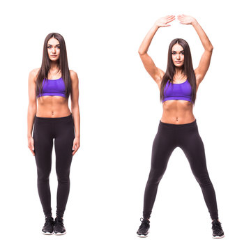 Sport beauty woman do Jumping Jacks fitness exercises on white background. Woman demonstrate begin and end of exercises. Set of fitness exercises