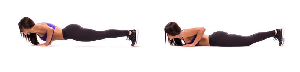 Fototapeta premium Concept of healthy lifestyle in set. Sport beauty woman do plank fitness exercises on white background. Woman demonstrate begin and end of exercises.