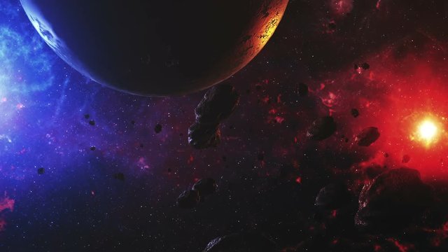 A beautiful flight in a colorful space with asteroids with sounds and a planet